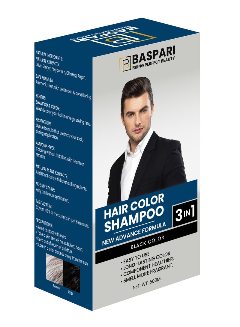 Baspari 3 in 1 Hair Color Dye Shampoo, Turns Grey to Black in 5 Minutes Ammonia Free Long Lasting, Natural Easy Home Hair Dye for Men & Women (500ml) Black - Image 1