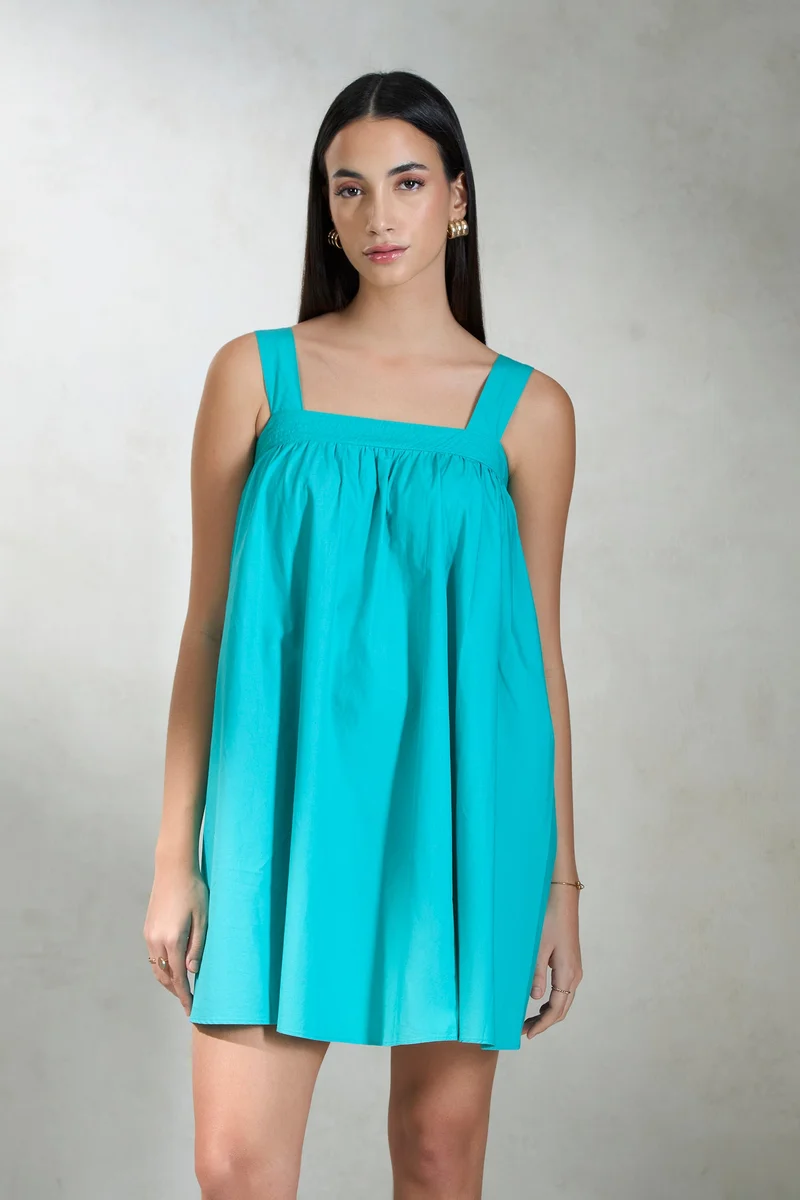 فيرجيو Solid Cotton Teal Mini Dress With Broad Strap for Women