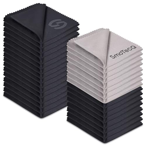 SmoTecQ 32 Pack Microfiber Cleaning Cloths for Glasses Individually Wrapped Premium Optical Lens Cleaner for Screens iPhone iPad Camera Eyeglasses Washable Lint Free Black Grey - Image 1