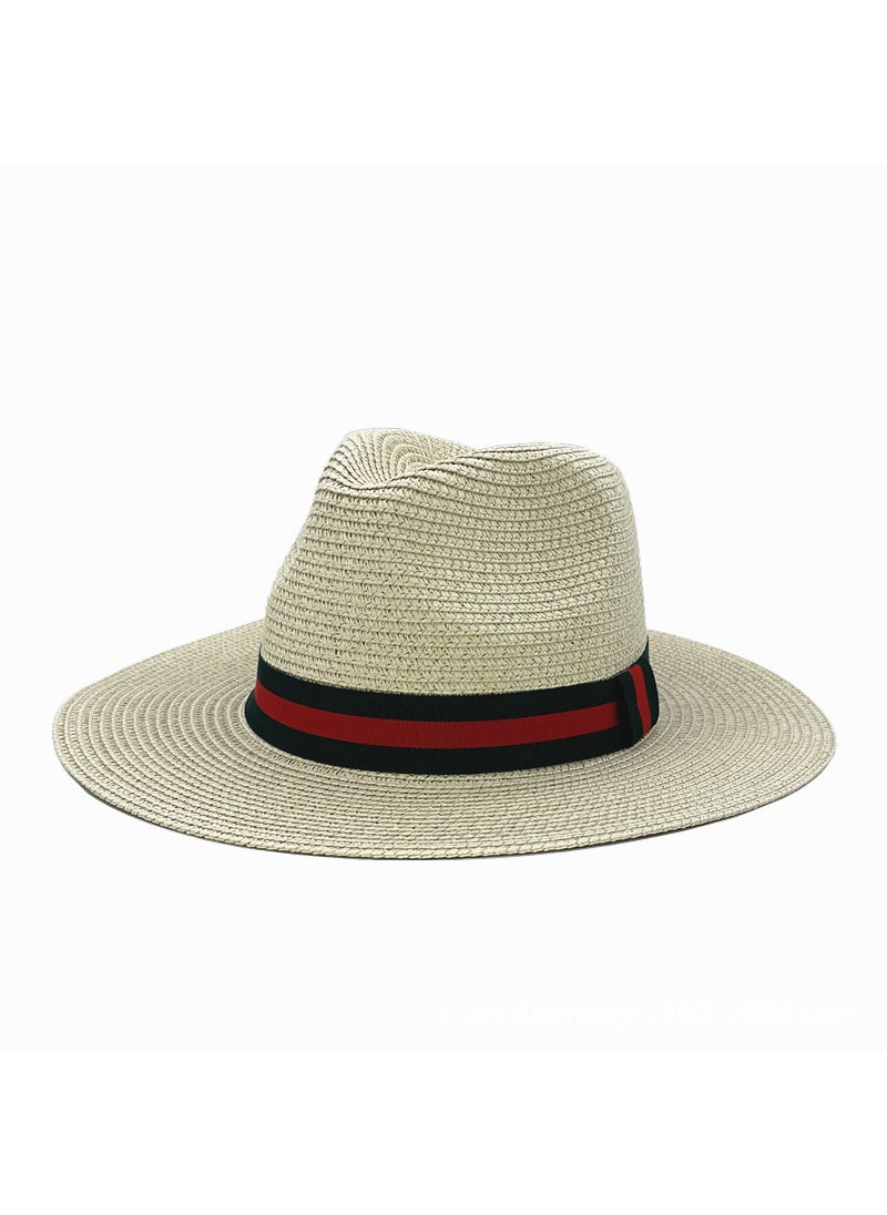 Generic - Panama Straw Hat Unisex Color-Block Wide Brim Sun Hat Leather powder - Image 1