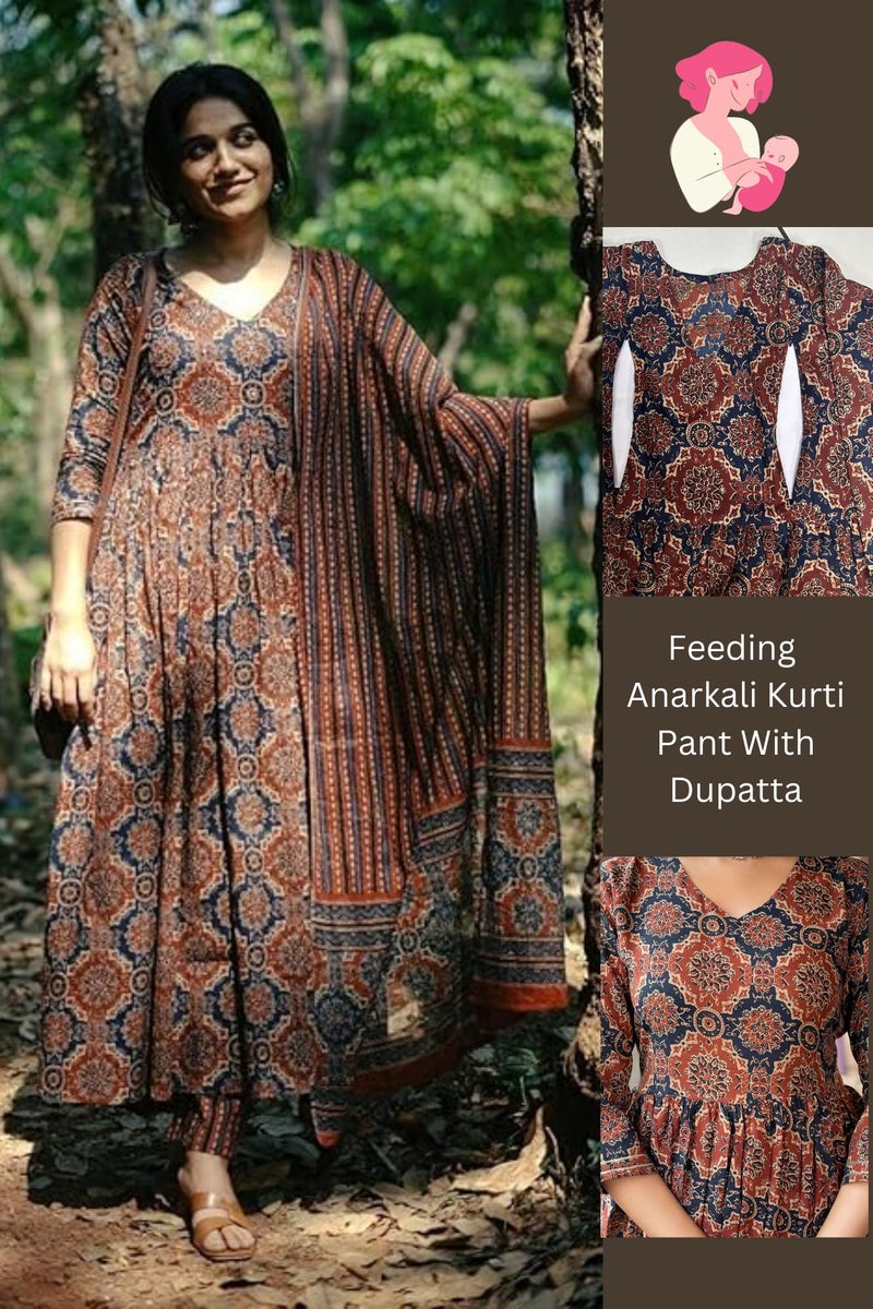 SKY FAB Women Printed Flared Anarkali Kurta with Pant and Dupatta Suit Set | Kurta Set Brown - Image 2