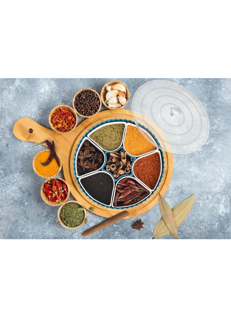 Simplyhut - Simplyhut Masala Spice Box 360 Revolving Eligant Rangoli Masala Jar Dabba Box with 7 Section Spices Condiments Storage Containers Set With Spoon And Tranperent Lid Color May Vary - Image 1