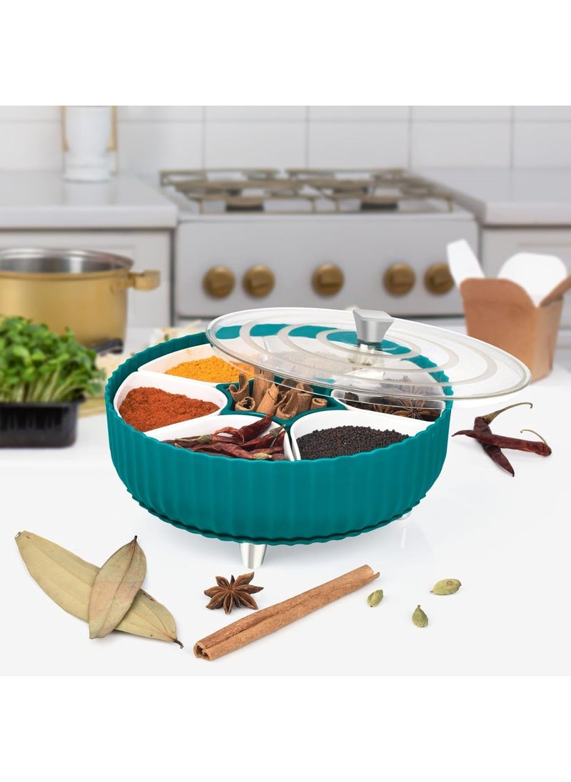 Simplyhut - Simplyhut Masala Spice Box 360 Revolving Eligant Rangoli Masala Jar Dabba Box with 7 Section Spices Condiments Storage Containers Set With Spoon And Tranperent Lid Color May Vary - Image 1