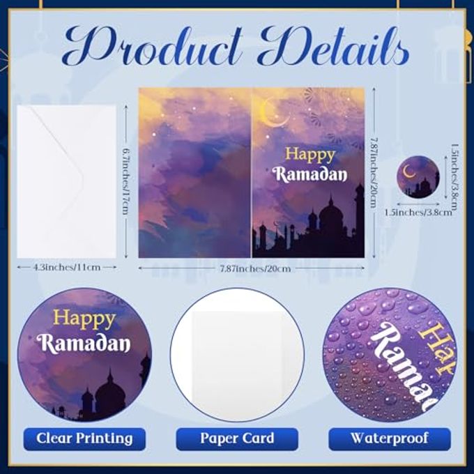 Cholemy 24 Pack Eid Mubarak Cards Happy Ramadan Greeting Cards With Stickers Envelopes Assorted Eid Al-Fitr Gift Set For Ramadan Mubarak Party Decorations Invitations Favors Celebration Supplies - Image 5