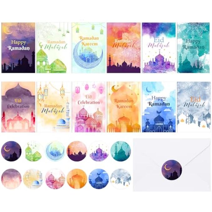 Cholemy 24 Pack Eid Mubarak Cards Happy Ramadan Greeting Cards With Stickers Envelopes Assorted Eid Al-Fitr Gift Set For Ramadan Mubarak Party Decorations Invitations Favors Celebration Supplies - Image 4