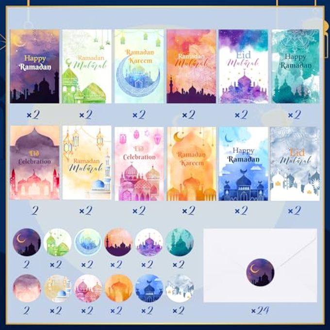 Cholemy 24 Pack Eid Mubarak Cards Happy Ramadan Greeting Cards With Stickers Envelopes Assorted Eid Al-Fitr Gift Set For Ramadan Mubarak Party Decorations Invitations Favors Celebration Supplies - Image 3