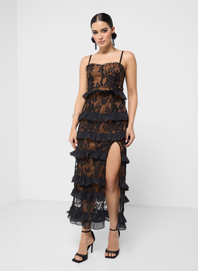 ELLA Lace Ruffle Slit Dress - Image 1