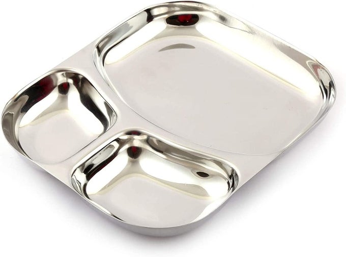 STAINLESS STEEL 3 COMPARTMENT DINNER PLATES THALIMESS TRAY SMILE PLATE 3X1 SET OF 4