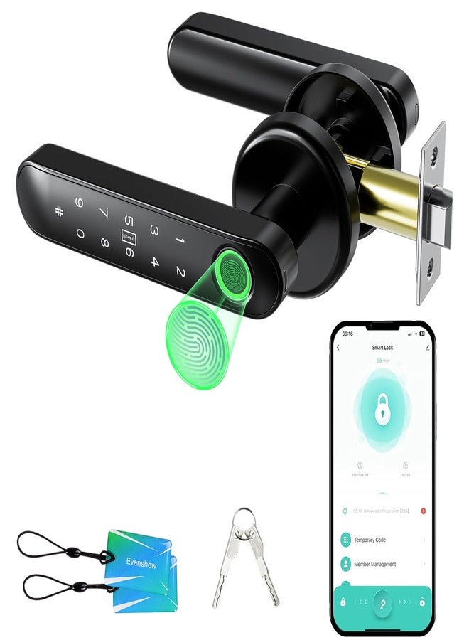 EVANSHOW Smart Door Knob with Fingerprint Lock - 5-in-1 Keyless Entry (Fingerprint/App/Code/IC Card/Key) Biometric Door with Auto-Lock Easy Install for Home/Bedroom
