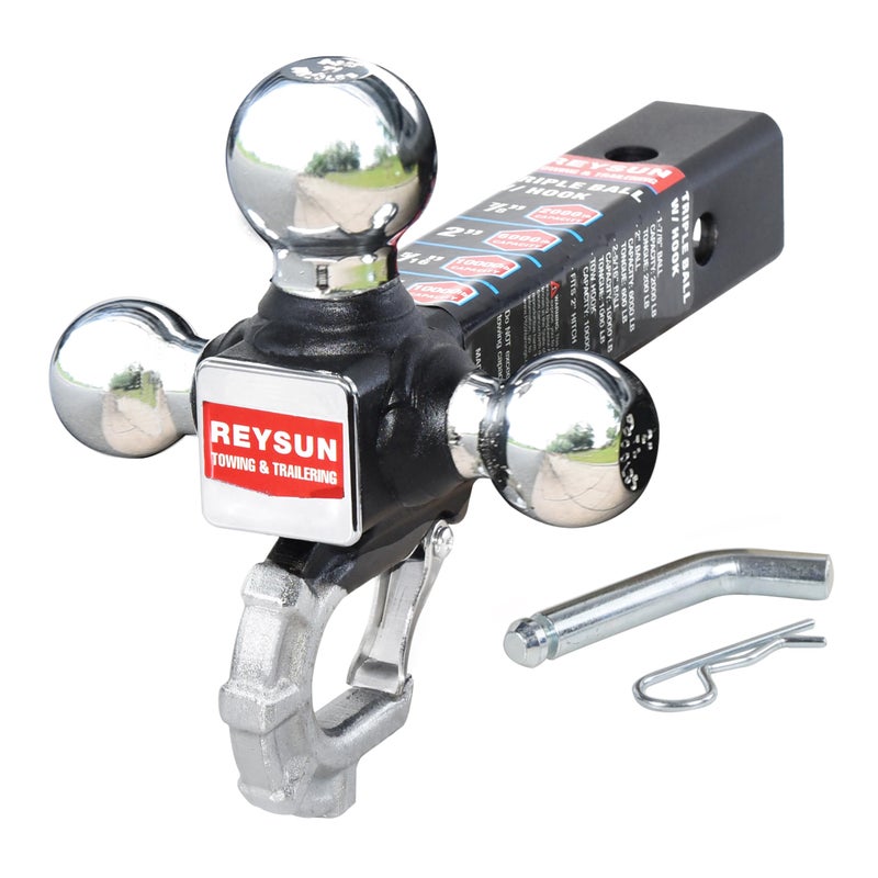 REYSUN Trailer Hitch TriBall Hitch with Hook Tactical Tow Ball Hitch Fits 2inch Hitch Receiver Chrome Triple Balls with Hitch Pin and Clip