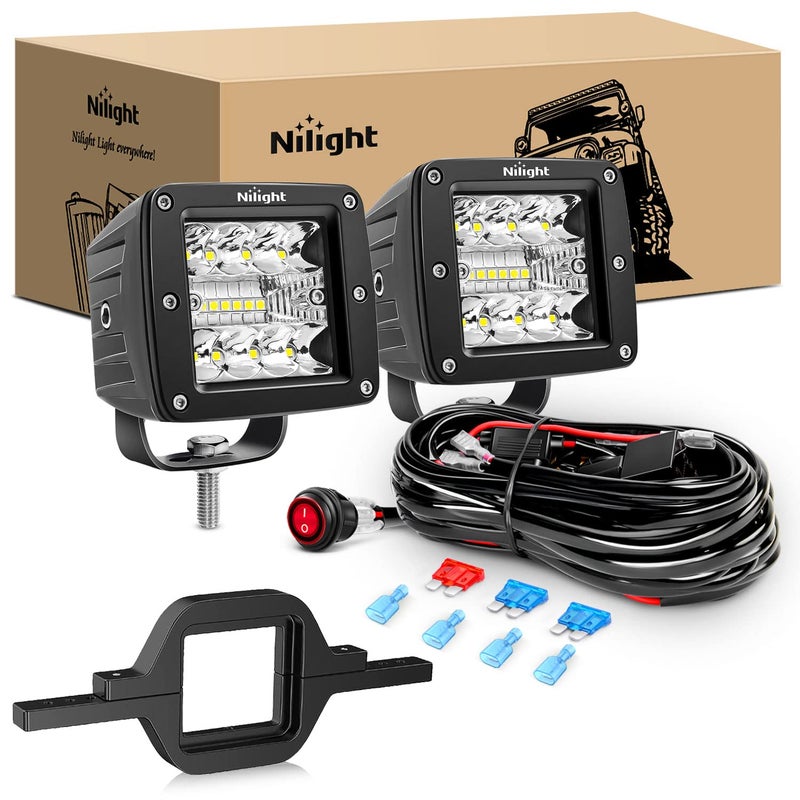 Nilight 2Pcs 3 Inch Led Pods Cubes 2 Inch Tow Hitch Mounting Brackets LED Backup Reverse Lights Rear Search Light Bar Wiring Harness Kit -2 Leads for SUV Truck Trailer - Image 1