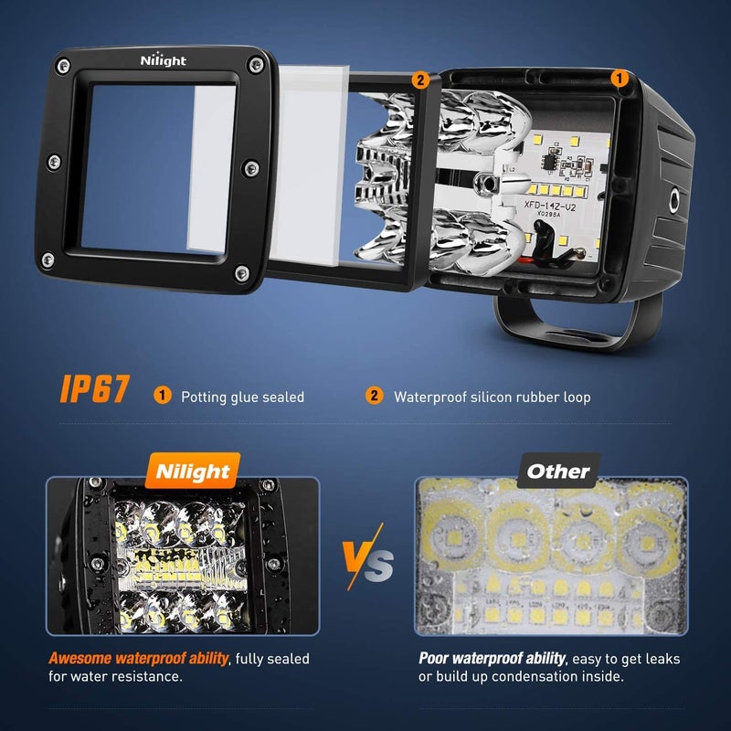 Nilight 2Pcs 3 Inch Led Pods Cubes 2 Inch Tow Hitch Mounting Brackets LED Backup Reverse Lights Rear Search Light Bar Wiring Harness Kit -2 Leads for SUV Truck Trailer - Image 3