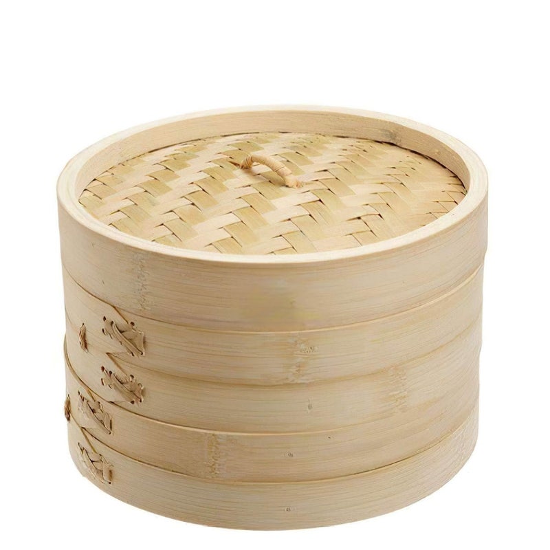 THW THW® 10-Inch Bamboo Steamer Basket Set with Lid | Eco-Friendly 2-Tier Dimsum, Dumpling, and Vegetable Steamer | Retains Nutrients, Quick Cooking, Multi-Use for Rice, Fish & Meat - Image 1