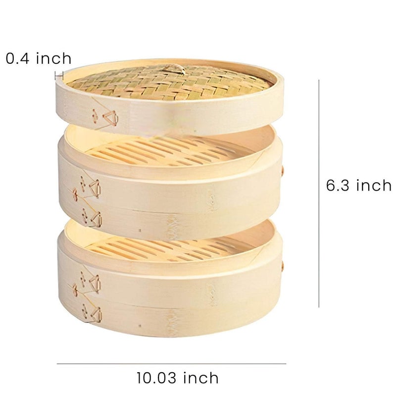 THW THW® 10-Inch Bamboo Steamer Basket Set with Lid | Eco-Friendly 2-Tier Dimsum, Dumpling, and Vegetable Steamer | Retains Nutrients, Quick Cooking, Multi-Use for Rice, Fish & Meat - Image 2