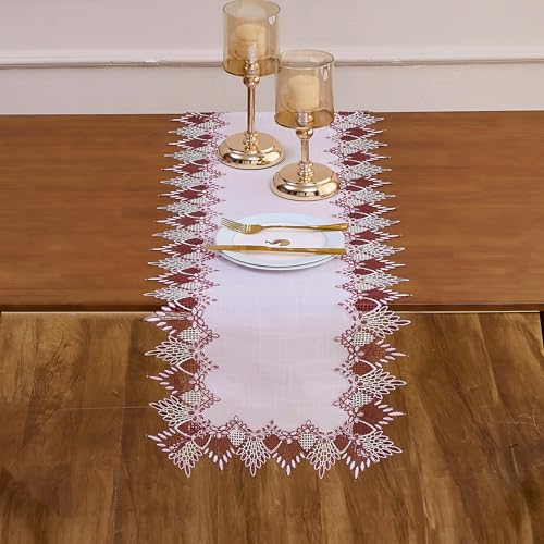 Raedan White Dark Red Lace Linen Table Runner 36 inches Long, Claret Dresser Scarf Table Topper for Christmas Kitchen Coffee Table Wedding Party Home Decor (Dark Red, 16”x36”) - Image 2
