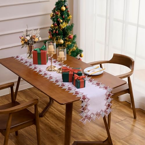 Raedan White Dark Red Lace Linen Table Runner 36 inches Long, Claret Dresser Scarf Table Topper for Christmas Kitchen Coffee Table Wedding Party Home Decor (Dark Red, 16”x36”) - Image 5