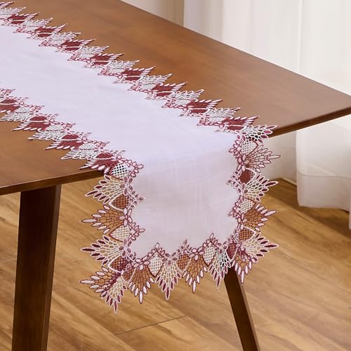 Raedan White Dark Red Lace Linen Table Runner 36 inches Long, Claret Dresser Scarf Table Topper for Christmas Kitchen Coffee Table Wedding Party Home Decor (Dark Red, 16”x36”) - Image 1