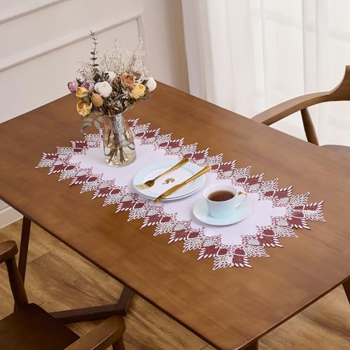 Raedan White Dark Red Lace Linen Table Runner 36 inches Long, Claret Dresser Scarf Table Topper for Christmas Kitchen Coffee Table Wedding Party Home Decor (Dark Red, 16”x36”) - Image 3