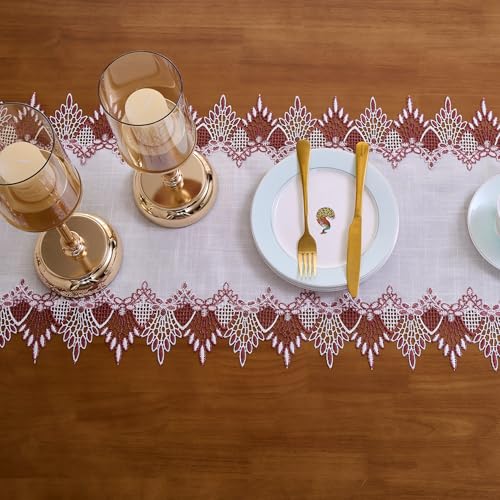 Raedan White Dark Red Lace Linen Table Runner 36 inches Long, Claret Dresser Scarf Table Topper for Christmas Kitchen Coffee Table Wedding Party Home Decor (Dark Red, 16”x36”) - Image 4
