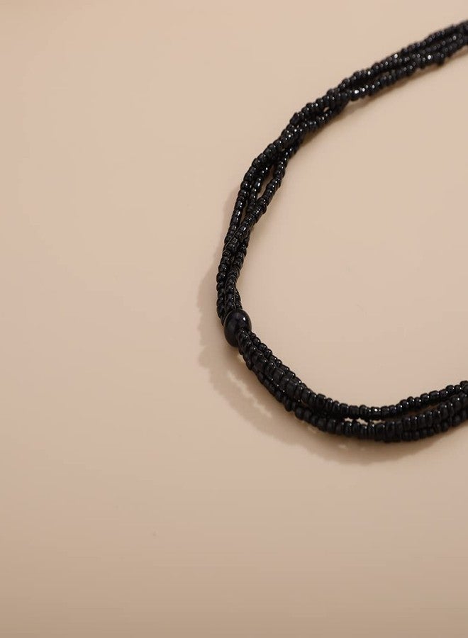 Aimimier Bohemian 3-Strand Faux Pearl Knotted Tassel Necklace Long Crystal Beads Pendant Sweater Chain Elegant Necklace for Women(Black) - Image 5