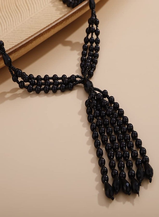 Aimimier Bohemian 3-Strand Faux Pearl Knotted Tassel Necklace Long Crystal Beads Pendant Sweater Chain Elegant Necklace for Women(Black) - Image 4