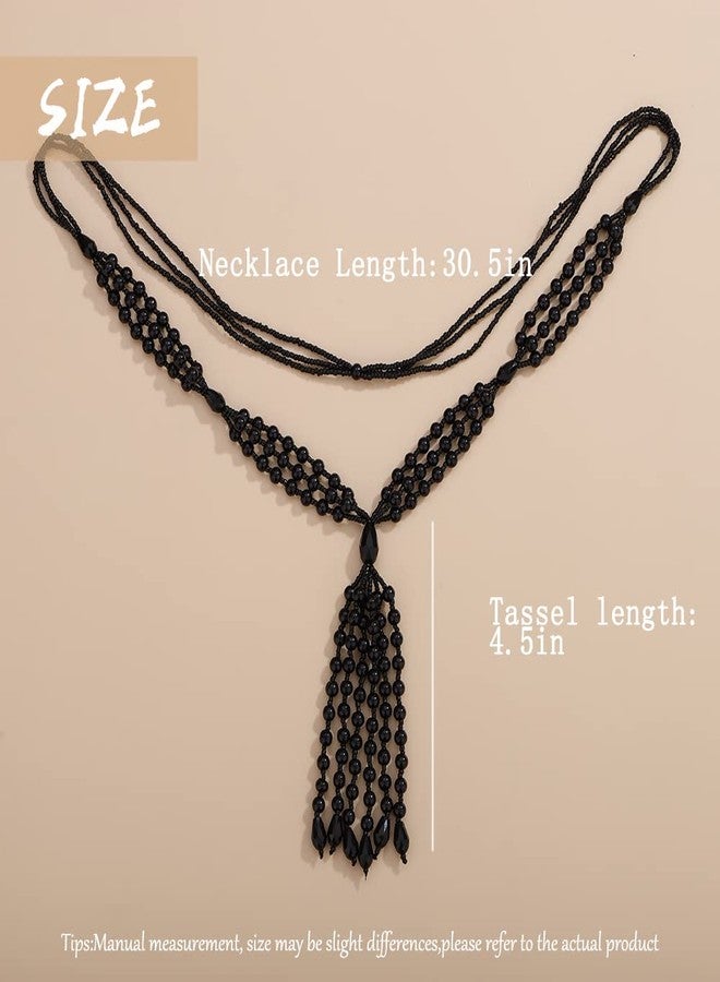 Aimimier Bohemian 3-Strand Faux Pearl Knotted Tassel Necklace Long Crystal Beads Pendant Sweater Chain Elegant Necklace for Women(Black) - Image 3