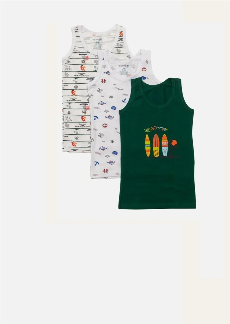 Defne Sailor Theme Printed Combed Elastane 3-Pack Boy's Undershirt Set