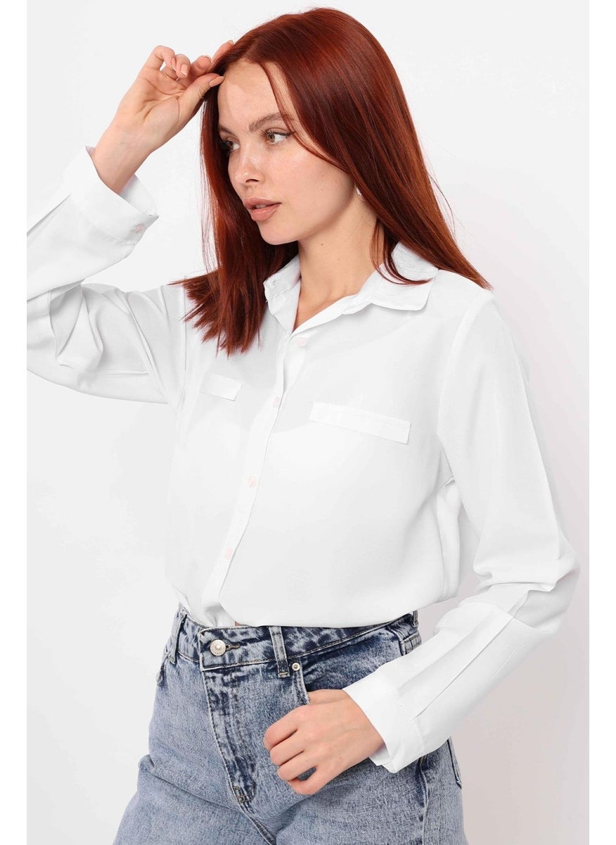 Tena Women's White Fillet Pocket Detailed Basic Poplin Shirt  - Image 1