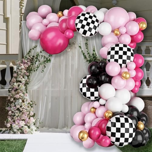 Uniquer Pink Race Car Balloon Arch KitHot Pink White Black Balloons Garland Kit with Black White Plaid Foil Balloons for Racing Car Theme Birthday Party - Image 1