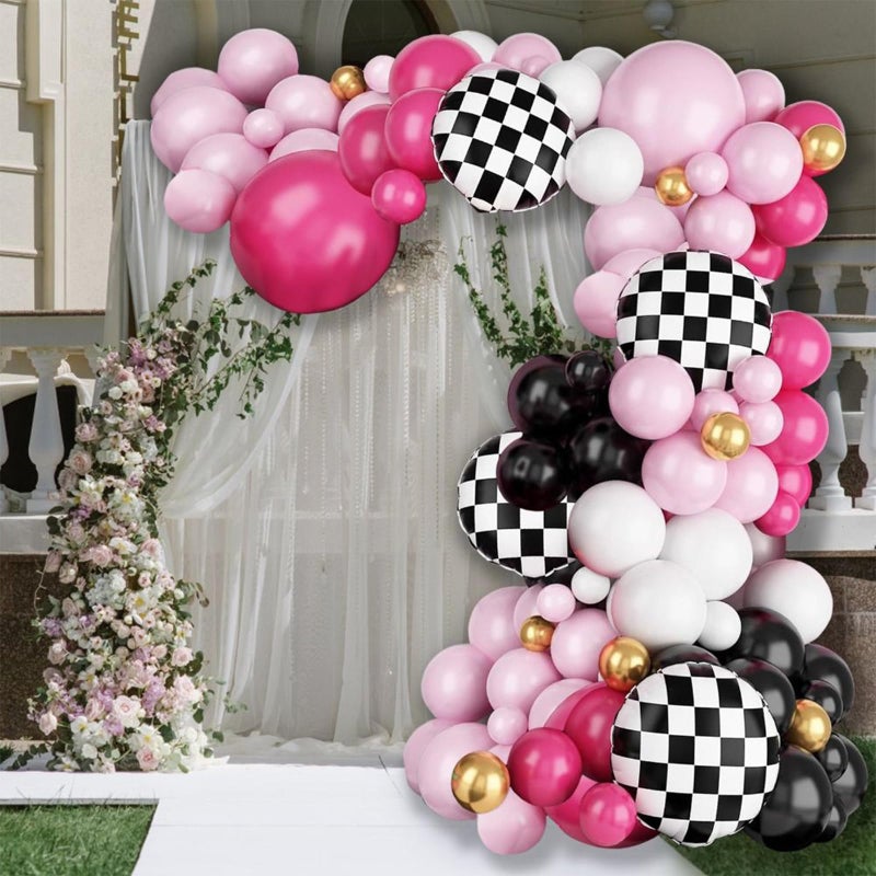 Uniquer Pink Race Car Balloon Arch KitHot Pink White Black Balloons Garland Kit with Black White Plaid Foil Balloons for Racing Car Theme Birthday Party - Image 3