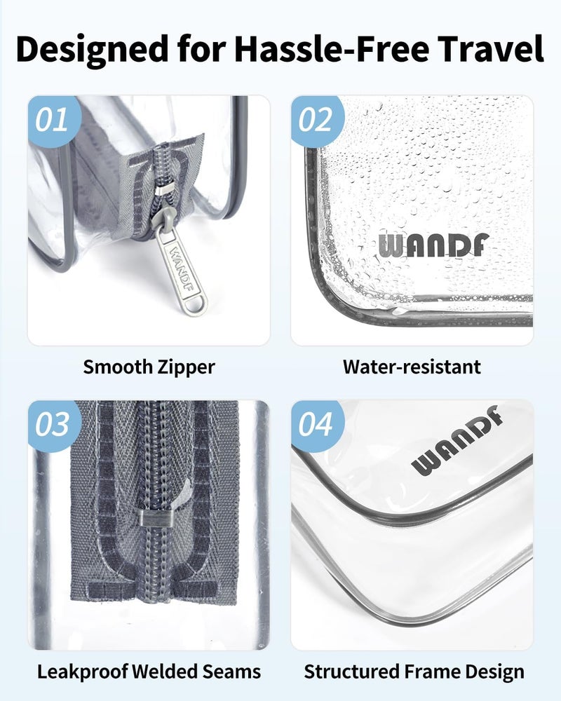 WANDF TSA Approved Clear Travel Toiletry Bag wih Zippers Carry-on Travel Accessories Quart Size Toiletries Cosmetic Pouch Makeup Bags for Men and Women (2pcs Grey) - Image 4