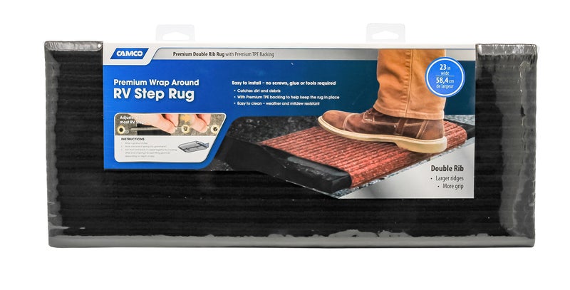 Camco 42953 RV Step Rug Premium Wrap Around Double Ribbed 100 Polyester 18 x 23  Black