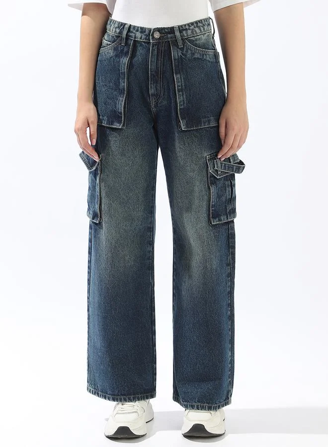 هوبرهولمي جينز نسائي أزرق قطن % واسع الساق بنقوش