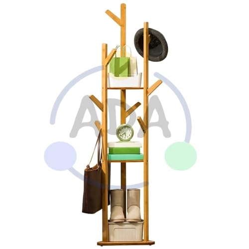 ADA® Premium Large Natural Bamboo Wood Tree Garment Clothes Coat Hat Umbrella Portable Hanger Stand Rack with 3-Tier Storage Shelves and Hooks (L: 15.7 x W: 12.9 x H: 66.9 Inch) - Image 3