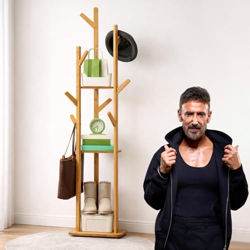 ADA® Premium Large Natural Bamboo Wood Tree Garment Clothes Coat Hat Umbrella Portable Hanger Stand Rack with 3-Tier Storage Shelves and Hooks (L: 15.7 x W: 12.9 x H: 66.9 Inch) - Image 1