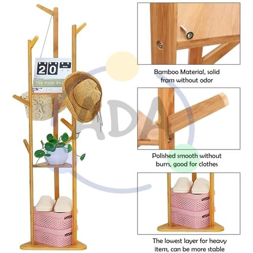 ADA® Premium Large Natural Bamboo Wood Tree Garment Clothes Coat Hat Umbrella Portable Hanger Stand Rack with 3-Tier Storage Shelves and Hooks (L: 15.7 x W: 12.9 x H: 66.9 Inch) - Image 4