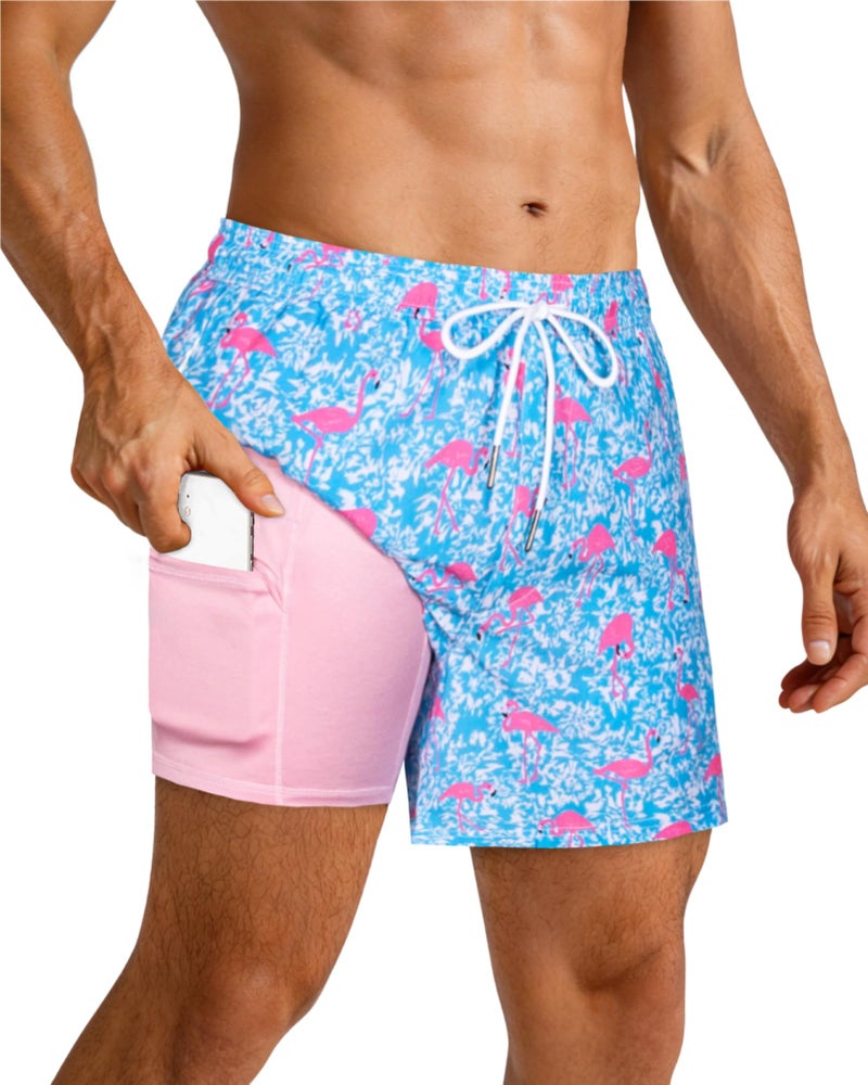 SURF CUZ Mens Swim Trunks with Compression Liner 5" Swim Shorts Quick Dry Bathing Suit Swimming Trunks Zipper Pockets Blue Wave Flamingo Medium - Image 2