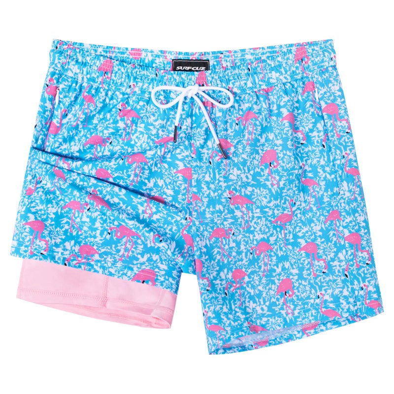 SURF CUZ Mens Swim Trunks with Compression Liner 5" Swim Shorts Quick Dry Bathing Suit Swimming Trunks Zipper Pockets Blue Wave Flamingo Medium - Image 1