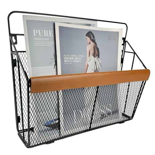 Pubgeer LeatherAccented Wall File Holder Art Deco WallMounted Magazine Rack Hanging Mail Organizer Metal Wire Hanging File Organizer for Home School Office Hanging Folder Organizer - Image 1