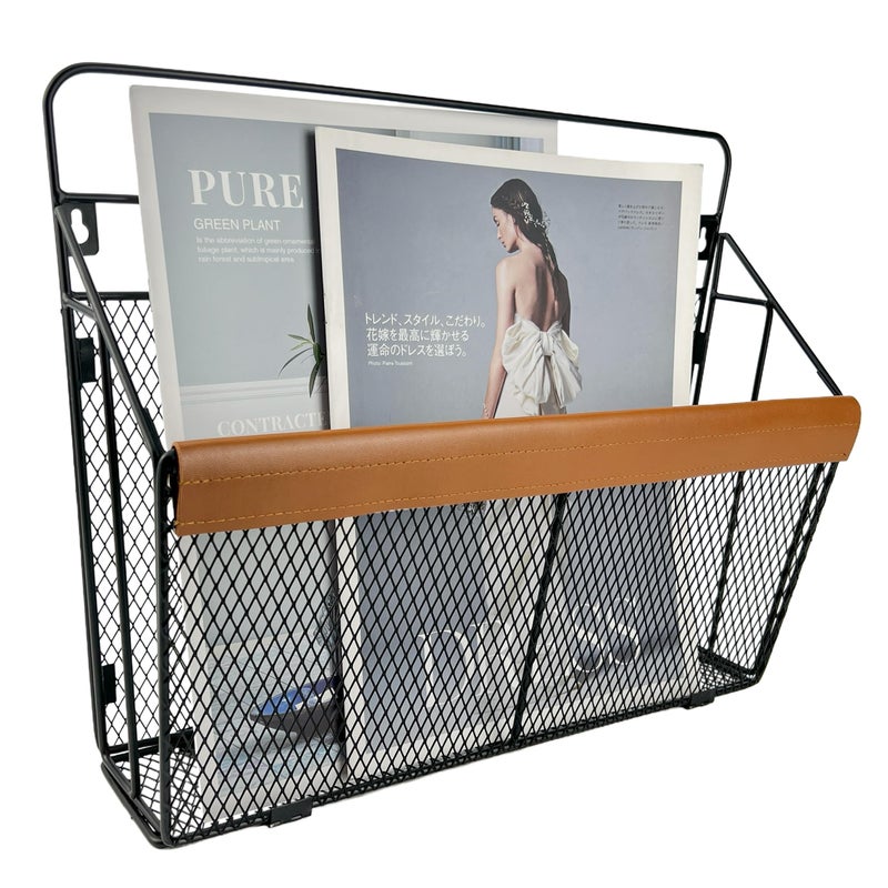 Pubgeer LeatherAccented Wall File Holder Art Deco WallMounted Magazine Rack Hanging Mail Organizer Metal Wire Hanging File Organizer for Home School Office Hanging Folder Organizer - Image 2