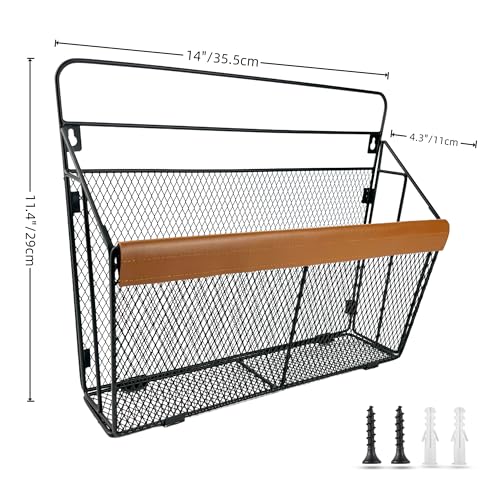 Pubgeer LeatherAccented Wall File Holder Art Deco WallMounted Magazine Rack Hanging Mail Organizer Metal Wire Hanging File Organizer for Home School Office Hanging Folder Organizer - Image 3
