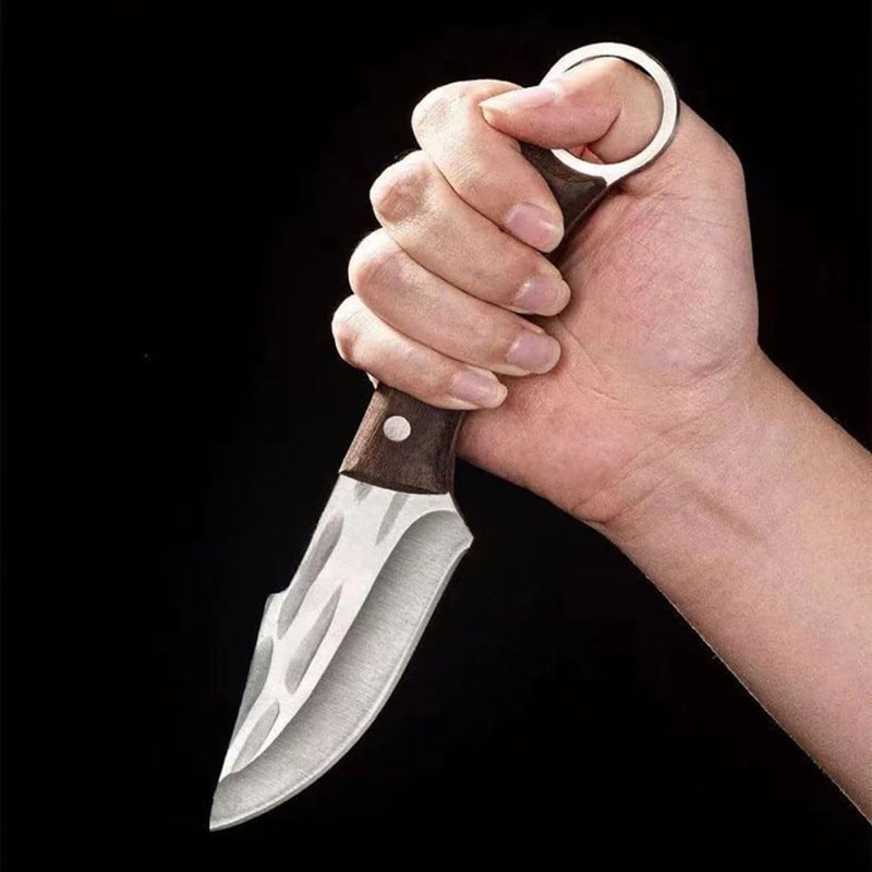 JUWIL سكاكين مطبخ متميزة شفرة ثابتة كاملة مع مقبض خشبي وتصميم حلقة إصبع - سكين خارجي وأداة متعددة الاستخدامات - شفرة منحنية حادة تصميم متين ومريح لقطع متعدد الأغراض - Image 4