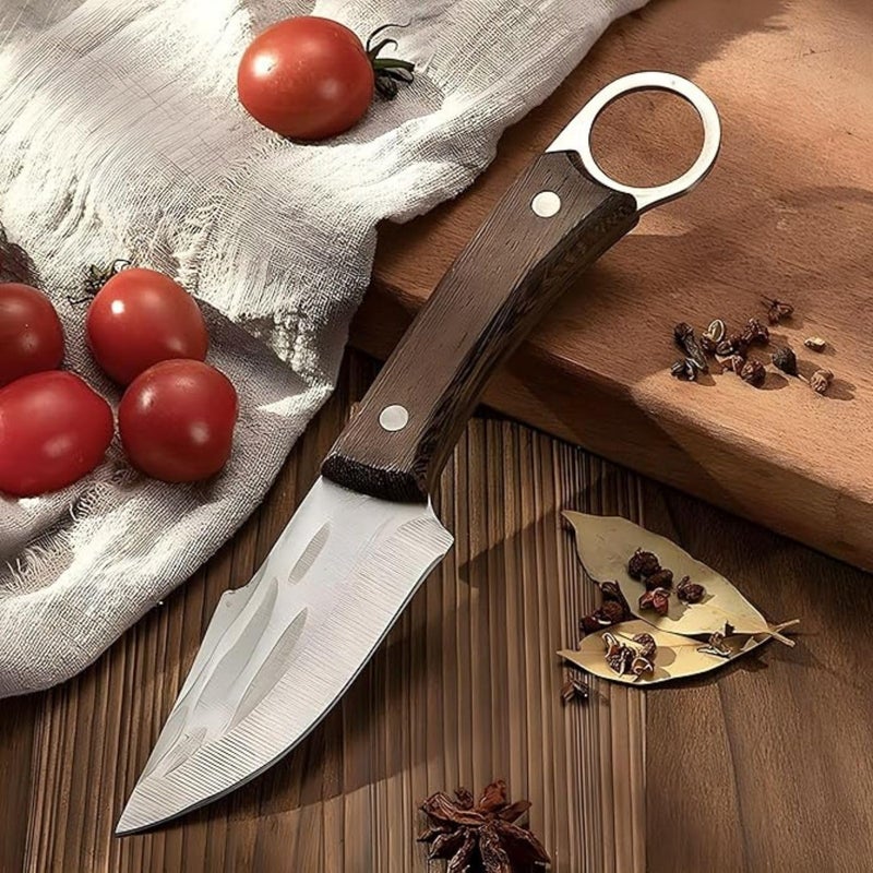 JUWIL سكاكين مطبخ متميزة شفرة ثابتة كاملة مع مقبض خشبي وتصميم حلقة إصبع - سكين خارجي وأداة متعددة الاستخدامات - شفرة منحنية حادة تصميم متين ومريح لقطع متعدد الأغراض - Image 3