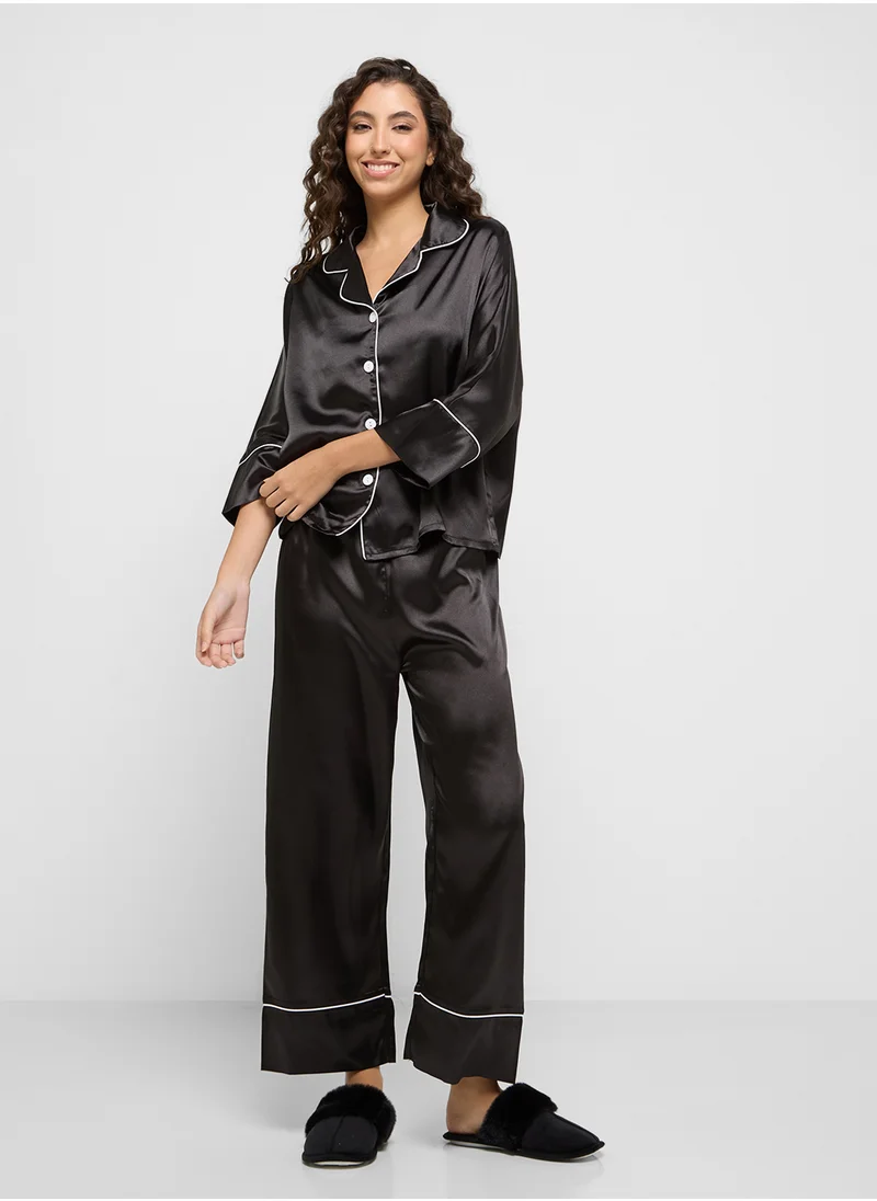 جينجر Satin Shirt & Pyjama Set With Contrast Trims