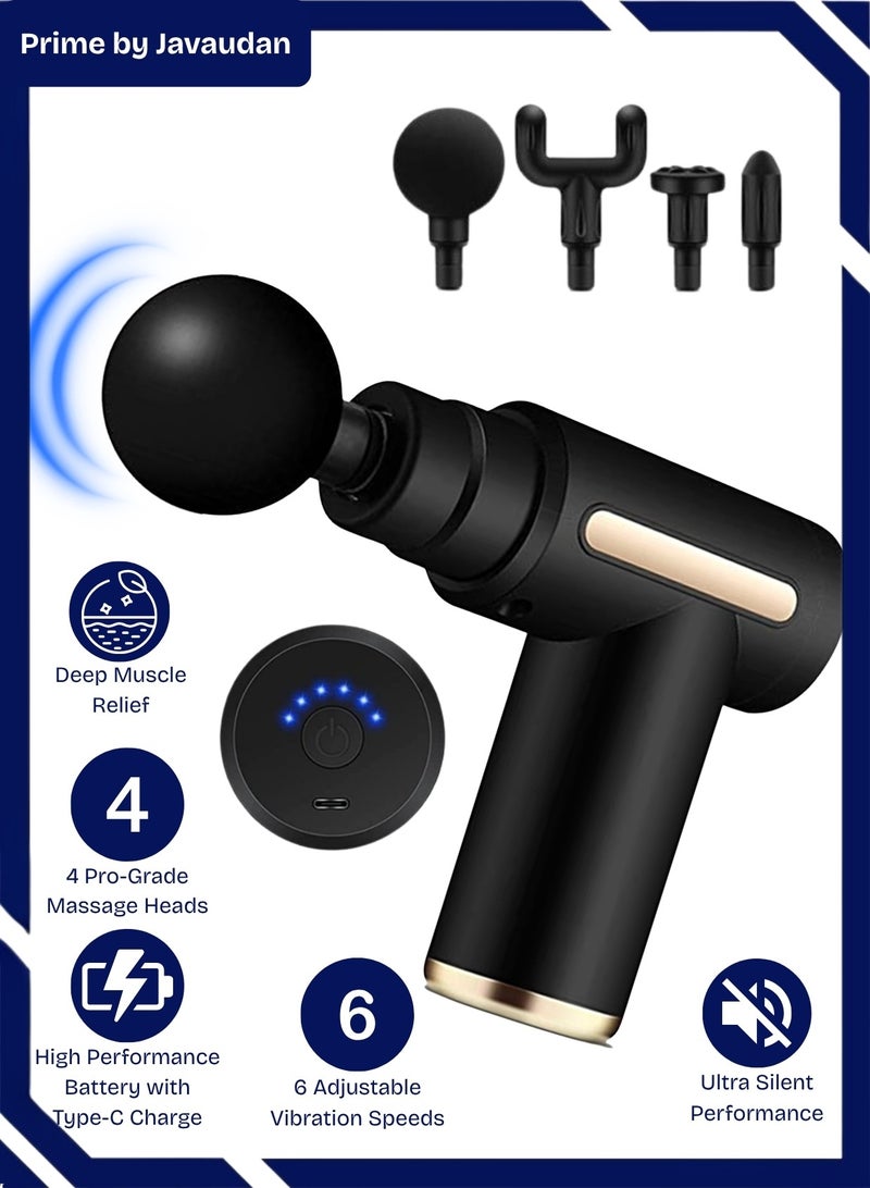 Prime by javaudan Mini Massage Gun Deep Tissue, Portable 6 Speeds Percussion Muscle Massager with 4 Massage Heads 1800mAh Battery & Type-C Charging, 35dB Super Quiet Massage Gun for Muscle Pain Relief - Image 1