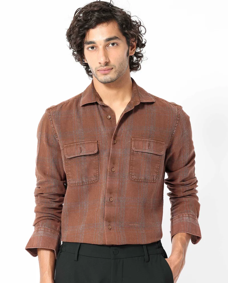 Rare Rabbit Rare Rabbit Men's Hammel Rust Cotton Fabric Full Sleeves Checks Shirt