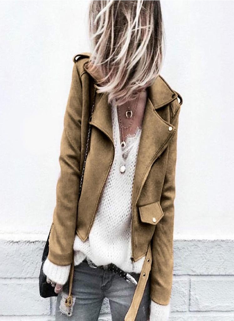 Eckek - Women's Casual Autumn Faux Suede Slim Zippers Coat Short Cool Motorcycle Jacket - Image 1