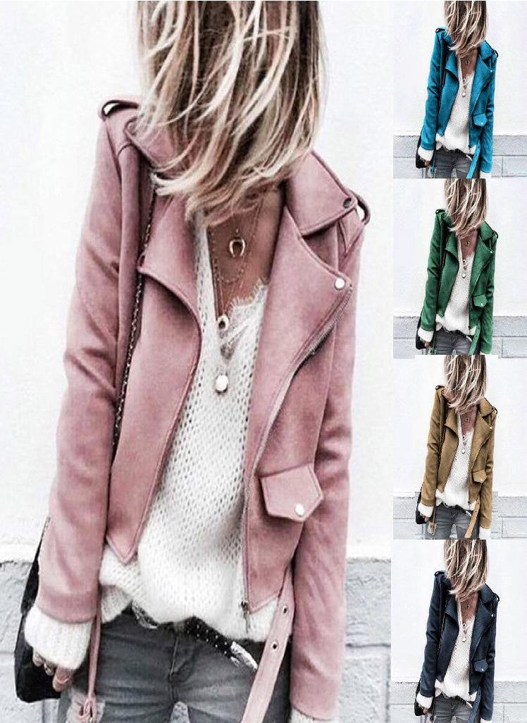 Eckek - Women's Casual Autumn Faux Suede Slim Zippers Coat Short Cool Motorcycle Jacket - Image 1