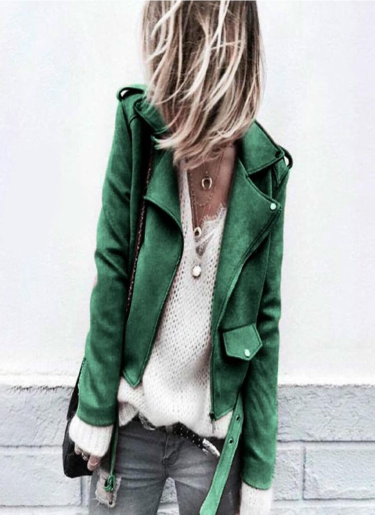 Eckek - Women's Casual Autumn Faux Suede Slim Zippers Coat Short Cool Motorcycle Jacket - Image 1