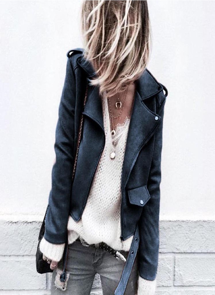 Eckek - Women's Casual Autumn Faux Suede Slim Zippers Coat Short Cool Motorcycle Jacket - Image 1